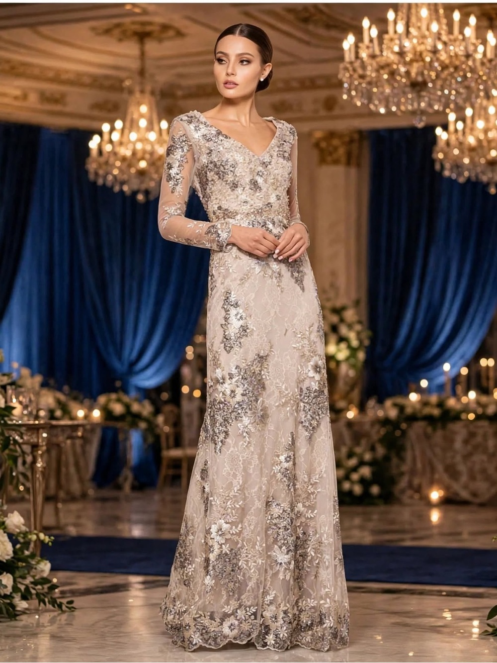 Mac Duggal EMBELLISHED V NECK ILLUSION LONG SLEEVE GOWN size 8 NEW $698 Taupe